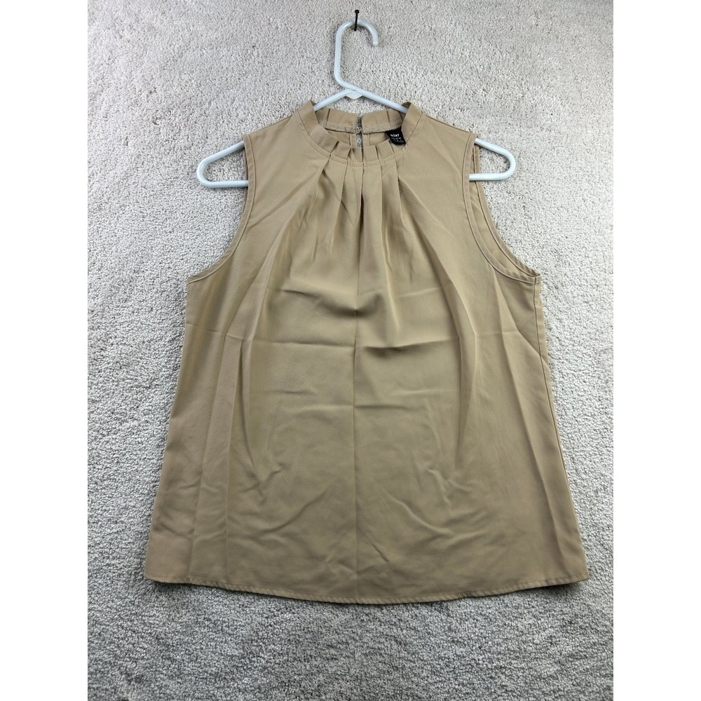 Niay Women's Top Medium Tan Sleeveless Pleated Neck Polyester‎